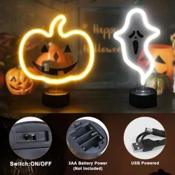 BRIGHTDECK 2 Pcs Ghost&Pumpkin Lights Halloween Neon Sign Night Lights, USB or Battery Operated Halloween Lights, Halloween Home Decor LED Lights for Bedroom Bar Home Kids Table Decor Gift