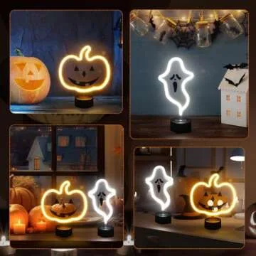 BRIGHTDECK 2 Pcs Ghost&Pumpkin Lights Halloween Neon Sign Night Lights, USB or Battery Operated Halloween Lights, Halloween Home Decor LED Lights for Bedroom Bar Home Kids Table Decor Gift