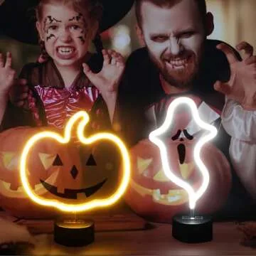 BRIGHTDECK 2 Pcs Ghost&Pumpkin Lights Halloween Neon Sign Night Lights, USB or Battery Operated Halloween Lights, Halloween Home Decor LED Lights for Bedroom Bar Home Kids Table Decor Gift