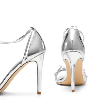 DREAM PAIRS Lace Up High Heels Stilletos Heels for Women Strappy Gladiator Open Square Toe Heels Fashion Dressy Heels Wedding Bridal Pumps Sandals Shoes,Size 6.5,SILVER-PAT,SDHS2403W