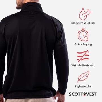 SCOTTeVEST Qzip Performance Pullover for Men - 3 Hidden Pockets - Moisture Wicking Quarter-Zip for Travel & More (Black, Large)