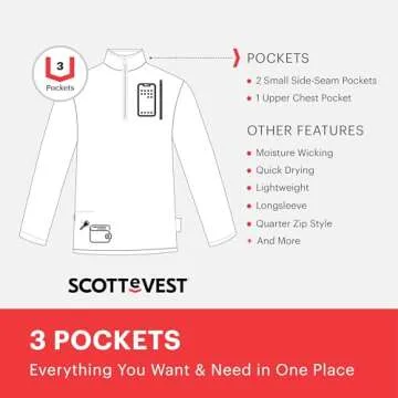 SCOTTeVEST Qzip Performance Pullover for Men - 3 Hidden Pockets - Moisture Wicking Quarter-Zip for Travel & More (Black, Large)