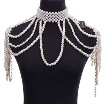 Jerollin Simulated Pearl Body Statement Necklace for Women, Fashion Collar Bib Necklaces Costume Jewelry White