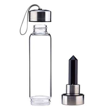 JewelBeauty Crystal Elixir Glass Water Bottle with Amethyst Gemstone Healing Crystal Infused Obelisk Wand Energy Cup (Obsidian)