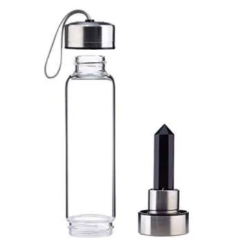 JewelBeauty Crystal Elixir Glass Water Bottle with Amethyst Gemstone Healing Crystal Infused Obelisk Wand Energy Cup (Obsidian)
