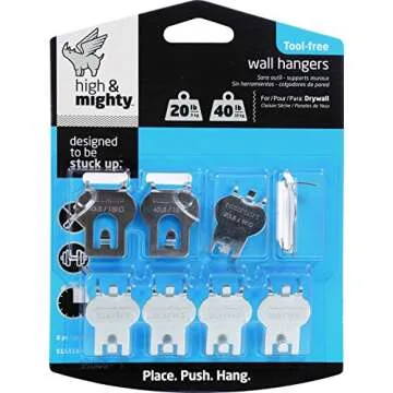 HIGH & MIGHTY 515314 Picture Hanger Value Pack, Easy Tool-Free Dry Wall Art Hangers for Artwork, Photos, and Mirrors, Holds up to 20Lbs-40Lbs, 8 Pack, Steel, Silver
