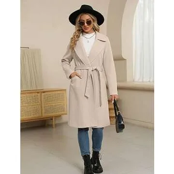 BZB Women's Long Wool Blend Pea Coat Winter Casual Overcoat Notched Lapel Collar Trench Coat Belted Long Jacket Outerwear