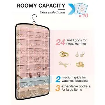 BAGSMART Hanging Jewelry Organizer, Necklace Holder Anti-tangle Earrings Rings Hanger with 10 Jewelry Bags Travel Storage Roll with Pockets Hang on Closet, Wall, Door,1 Piece, Small, Black