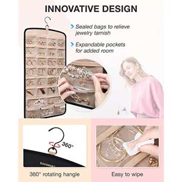 BAGSMART Hanging Jewelry Organizer, Necklace Holder Anti-tangle Earrings Rings Hanger with 10 Jewelry Bags Travel Storage Roll with Pockets Hang on Closet, Wall, Door,1 Piece, Small, Black