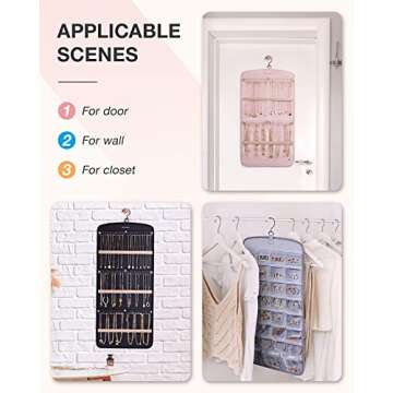 BAGSMART Hanging Jewelry Organizer, Necklace Holder Anti-tangle Earrings Rings Hanger with 10 Jewelry Bags Travel Storage Roll with Pockets Hang on Closet, Wall, Door,1 Piece, Small, Black