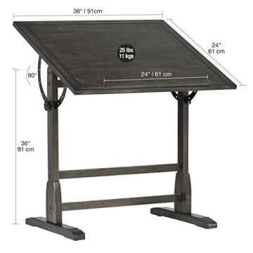 Studio Designs Vintage Drawing/Drafting Table with Pencil Ledge - 36" W x 24" D - Distressed Black - Adjustable Tilting Top