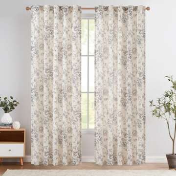 jinchan Linen Blend Curtains Floral Curtains for Living Room 90 Inch Length Black Printed Curtains R...