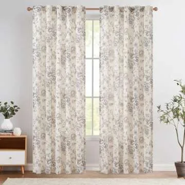 jinchan Linen Blend Curtains Floral Curtains for Living Room 90 Inch Length Black Printed Curtains R...