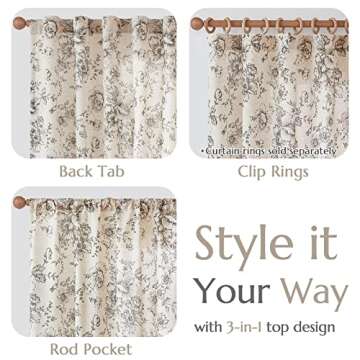 jinchan Linen Blend Curtains Floral Curtains for Living Room 90 Inch Length Black Printed Curtains Rod Pocket Back Tab Farmhouse Peony Flower Patterned Drapes Bedroom Window Curtain Set 2 Panels