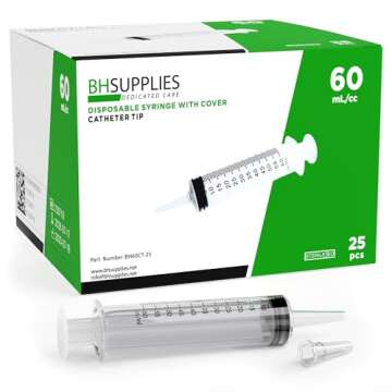 BH Supplies 60mL Syringe Catheter Tip Sterile with Caps - (No Needle) - Sterile, Individually Wrappe...