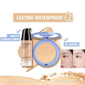 SACE LADY 2Pcs Face Make Up Set, Flawless Matte Foundation and Oil Control Pressed Powder, Lasting C...