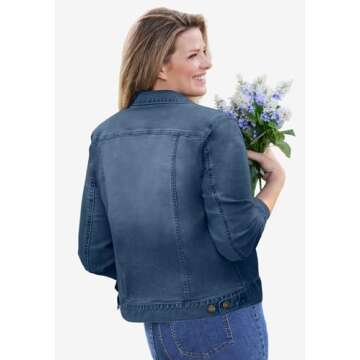 Woman Within Plus Size Stretch Denim Jacket Cropped Jean Jacket - 16 W, Medium Stonewash