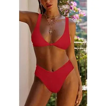 Womens High Waisted Bathing Suits 2 Piece Double Shoulder Knot Front Push Up Cheeky Brazilian Cut Thong Bikini Swimsuit Set Red M
