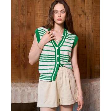 Locachy Womens 2024 V Neck Cap Sleeve Striped Sweater Vest Button Down Sleeveless Knit Tank Tops Green L