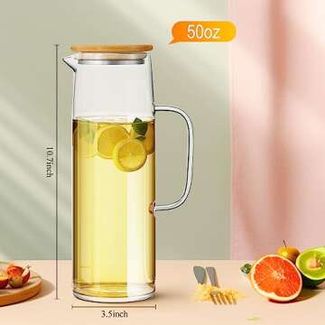 Hsei 2 Sets Glass Pitcher with Lid, 50 oz / 1500 ml Water Carafe with Handles Hot Cold Beverage Wate...