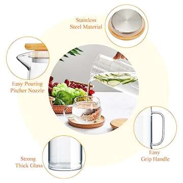 Hsei 2 Sets Glass Pitcher with Lid, 50 oz / 1500 ml Water Carafe with Handles Hot Cold Beverage Water Jar Glass Jug for Tea Juice Milk Coffee Iced Beverage