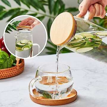 Hsei 2 Sets Glass Pitcher with Lid, 50 oz / 1500 ml Water Carafe with Handles Hot Cold Beverage Water Jar Glass Jug for Tea Juice Milk Coffee Iced Beverage