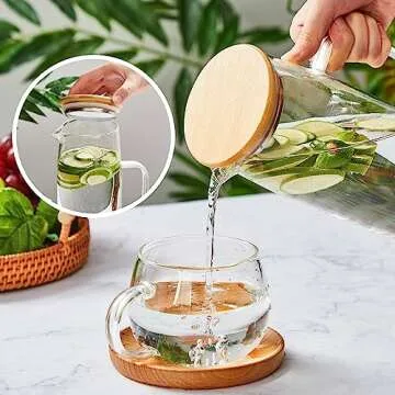 Hsei 2 Sets Glass Pitcher with Lid, 50 oz / 1500 ml Water Carafe with Handles Hot Cold Beverage Water Jar Glass Jug for Tea Juice Milk Coffee Iced Beverage