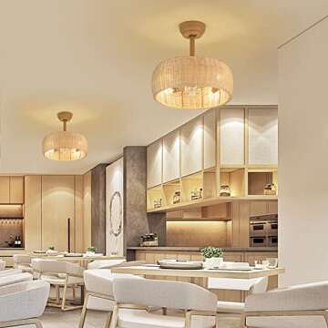 Yaretro Rattan Ceiling Fan Lighting with Remote Control, Boho Caged Ceiling Fan Light Fixture with Reversible Motor Suitable for Restaurant Living Room Bedroom Dining Room Kitchen Island 17.3"