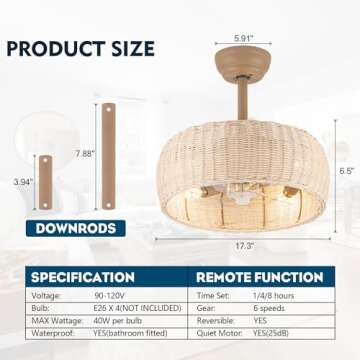 Yaretro Rattan Ceiling Fan Lighting with Remote Control, Boho Caged Ceiling Fan Light Fixture with Reversible Motor Suitable for Restaurant Living Room Bedroom Dining Room Kitchen Island 17.3"