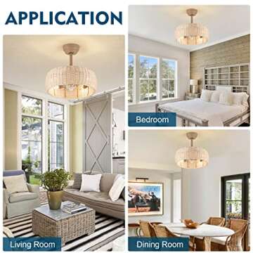 Yaretro Rattan Ceiling Fan Lighting with Remote Control, Boho Caged Ceiling Fan Light Fixture with Reversible Motor Suitable for Restaurant Living Room Bedroom Dining Room Kitchen Island 17.3"