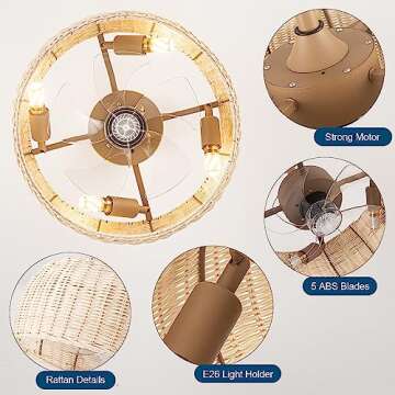 Yaretro Rattan Ceiling Fan Lighting with Remote Control, Boho Caged Ceiling Fan Light Fixture with Reversible Motor Suitable for Restaurant Living Room Bedroom Dining Room Kitchen Island 17.3"