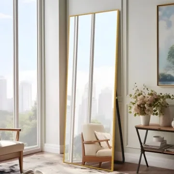 NeuType Full Length Mirror Floor Mirror with Standing Holder Bedroom/Locker Room Standing/Hanging Mirror Dressing Mirror Wall-Mounted Mirror (Golden), 65"x22", AMZVCNTJJ00362ZZE-ZYF