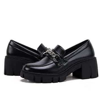 Stylish Women’s Chunky Heel Loafers with Chain Detail