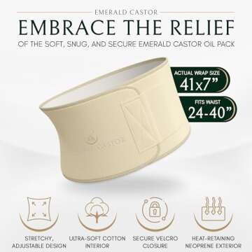 EMERALD CASTOR Castor Oil Pack Wrap Organic Cotton For Women - Machine Washable Castor Oil Compress Pads with Neoprene Exterior - Adjustable Castor Oil Wrap for Liver Detox, Calm IBS and More, 41"x7"