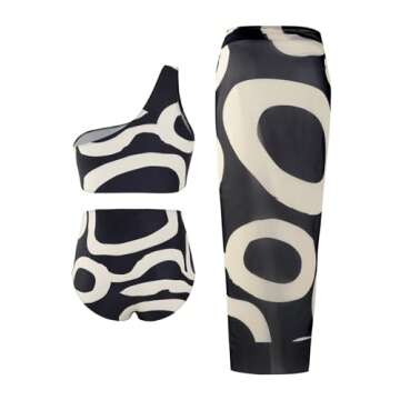 Floerns Women's Plus Size 3 Piece Bathing Suit One Shoulder Bikini Set with Cover Up Black Multi 0XL