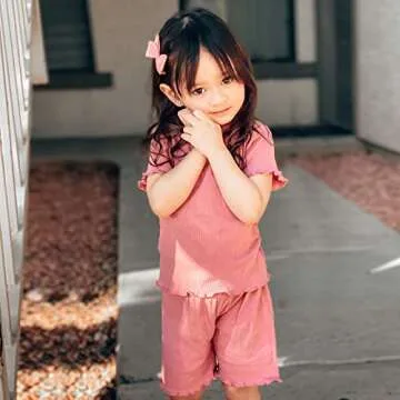 Dimoybabe 4t Girl Clothes Toddler Girl Summer Outfits Clothes Set Ruffle Ribbed Short Sleeves T-Shirt Tops Shorts Comfy Outfits (Pink Ruffle, 4-5T)