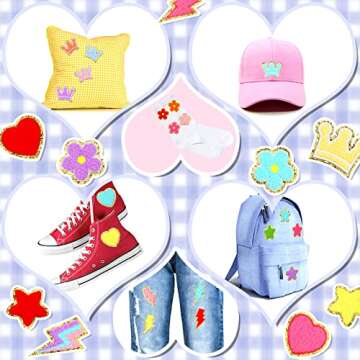 48 Pcs Iron on Patches Self Adhesive Chenille Patches for Backpacks Applique Patches Rainbow Heart Smile Face Star Flower Paw Embroidered Patch for Clothing Fabric Jackets Jeans Repair (Vivid Style)