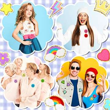 48 Pcs Iron on Patches Self Adhesive Chenille Patches for Backpacks Applique Patches Rainbow Heart Smile Face Star Flower Paw Embroidered Patch for Clothing Fabric Jackets Jeans Repair (Vivid Style)