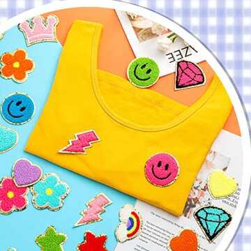 48 Pcs Iron on Patches Self Adhesive Chenille Patches for Backpacks Applique Patches Rainbow Heart Smile Face Star Flower Paw Embroidered Patch for Clothing Fabric Jackets Jeans Repair (Vivid Style)