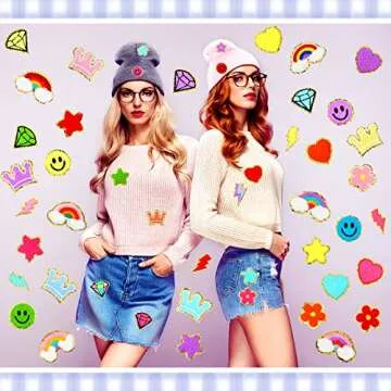 48 Pcs Iron on Patches Self Adhesive Chenille Patches for Backpacks Applique Patches Rainbow Heart Smile Face Star Flower Paw Embroidered Patch for Clothing Fabric Jackets Jeans Repair (Vivid Style)