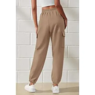 PRETTYGARDEN Women's Summer Cargo Sweatpants Casual Elastic High Waisted Lounge Jogger Pants with Pockets (Khaki,Small)