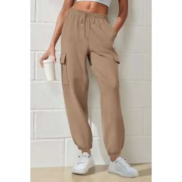 PRETTYGARDEN Women's Summer Cargo Sweatpants Casual Elastic High Waisted Lounge Jogger Pants with Pockets (Khaki,Small)