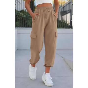 PRETTYGARDEN Women's Summer Cargo Sweatpants Casual Elastic High Waisted Lounge Jogger Pants with Pockets (Khaki,Small)