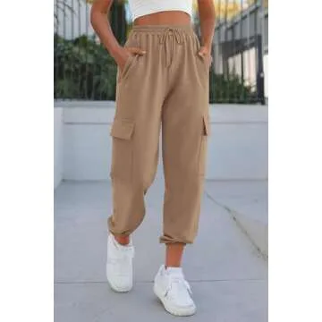 PRETTYGARDEN Women's Summer Cargo Sweatpants Casual Elastic High Waisted Lounge Jogger Pants with Pockets (Khaki,Small)