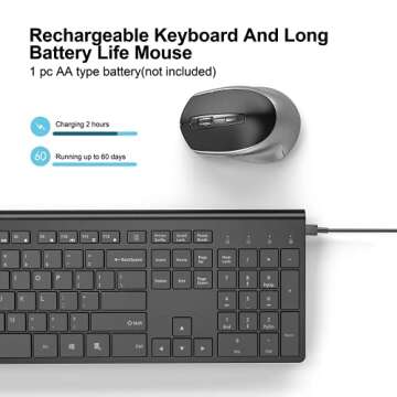Wireless Keyboard and Mouse, J JOYACCESS 2.4G USB Ultra Slim Full Size Ergonomic Rechargeable Keyboard and Slient Cordless Mouse with Back/Forward Buttons for Mac/Windows/Laptop/Desktop - Black