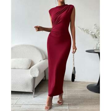 BTFBM Women's Ruched Bodycon Dress Summer Casual Sleeveless Back Slit Elegant Club Evening Party Cocktail Maxi Dresses(Solid Wine Red, Medium)
