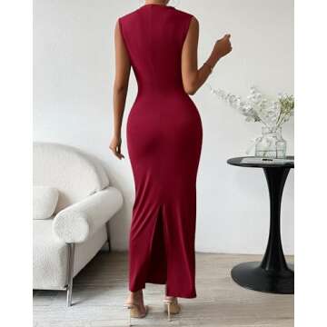 BTFBM Women's Ruched Bodycon Dress Summer Casual Sleeveless Back Slit Elegant Club Evening Party Cocktail Maxi Dresses(Solid Wine Red, Medium)