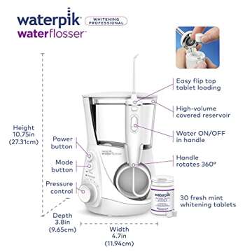 Waterpik Whitening Professional Water Flosser, Electric Power With 10 Settings, 30 Whitening Tablets, Whitens Teeth Gently, White WF-05