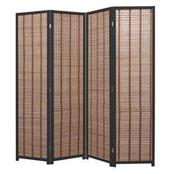 Decorative Openwork Design 4-Panel Bamboo & Black Wood Framed Folding Screen/Freestanding Room Divider - MyGift®