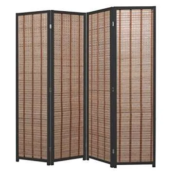 Decorative Openwork Design 4-Panel Bamboo & Black Wood Framed Folding Screen/Freestanding Room Divider - MyGift®
